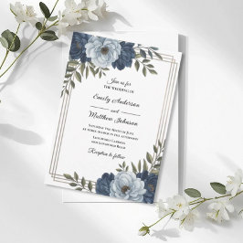 Dark Blue Floral Frame Wedding Invitation Einladung