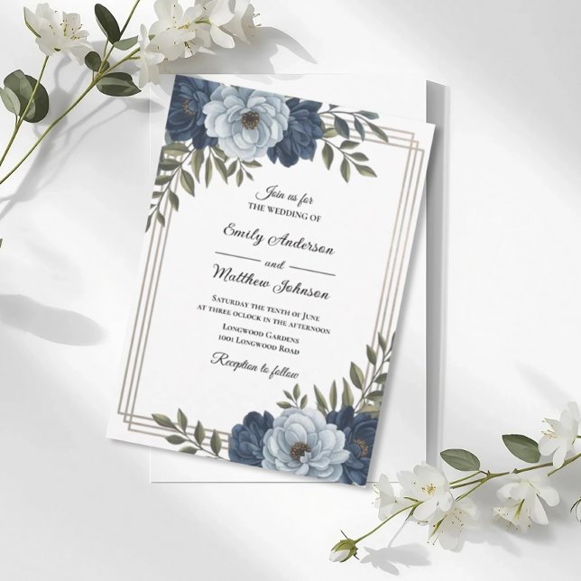 Dark Blue Floral Frame Wedding Invitation Einladung (Von Creator hochgeladen)