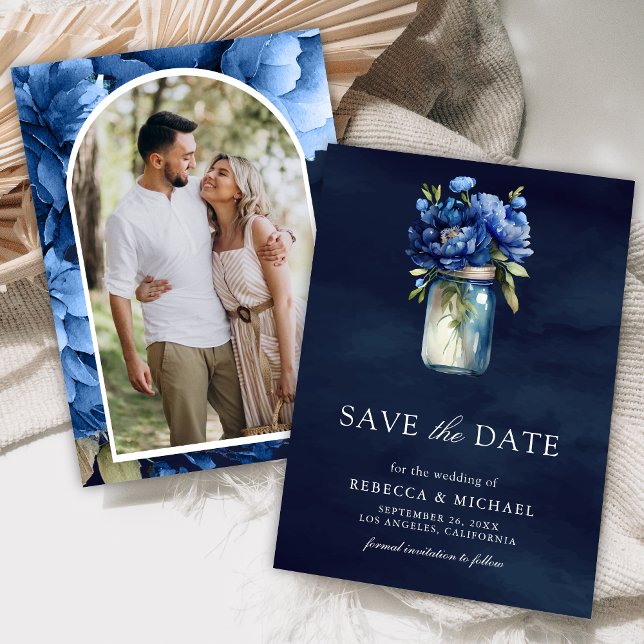 Dark Blue Floral Mason Jar Foto Wedding Save The Date (Von Creator hochgeladen)