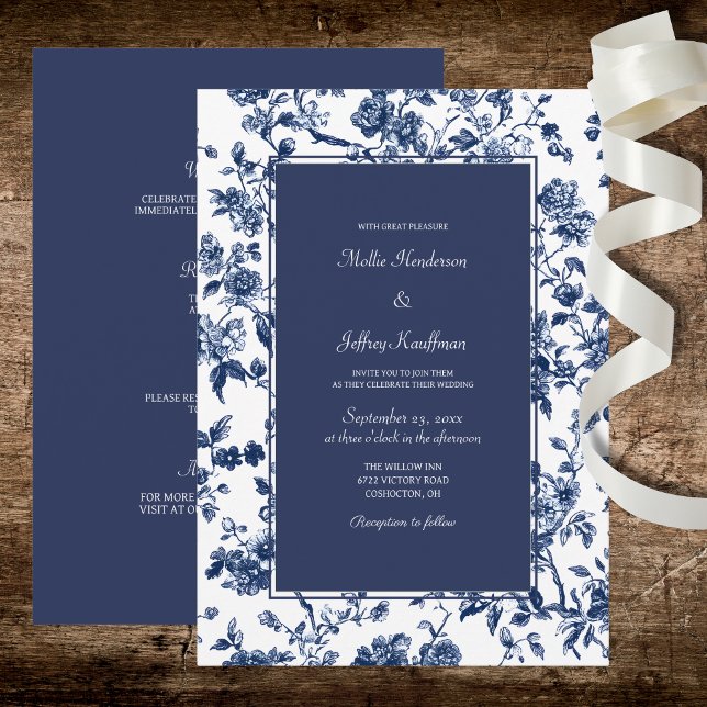 Dark Blue Floral Wedding  Einladung (Von Creator hochgeladen)
