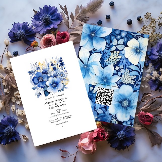 Dark Blue Floral Wedding Einladung (Von Creator hochgeladen)
