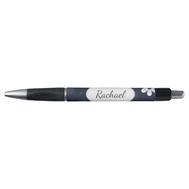 Dark Blue Flowers and Dots Pattern Personalised Kugelschreiber (Vorderseite)