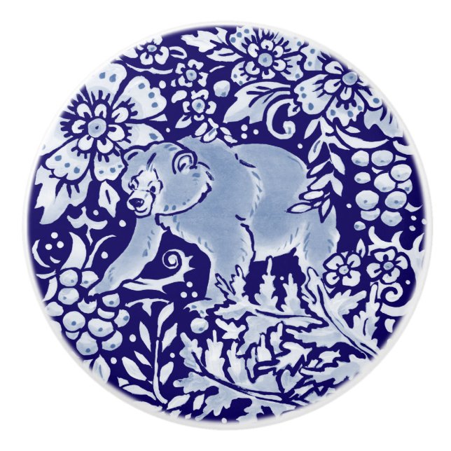Dark Blue Forest Bär Woodland Animal Floral Keramikknauf (Vorderseite)