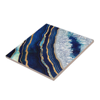 Dark Blue Geode und Gold Digital Art Fliese