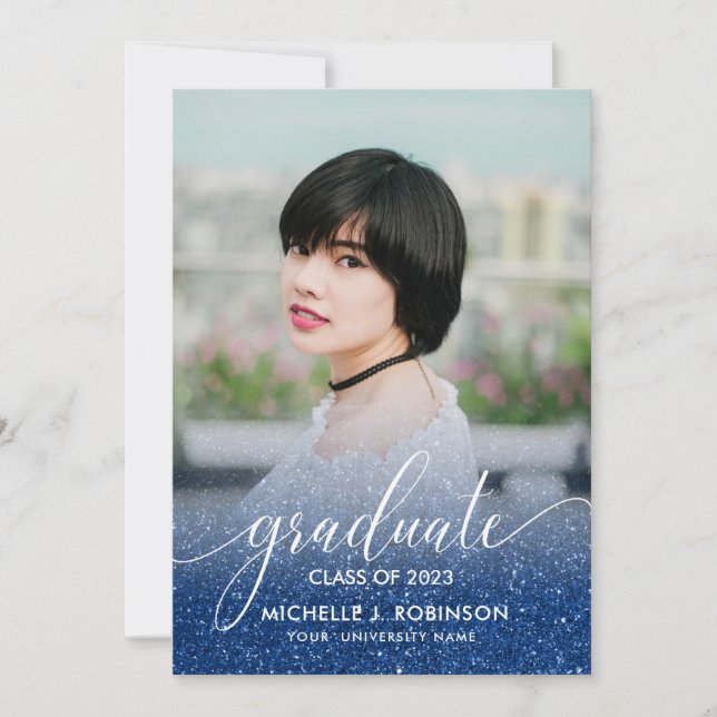 Dark Blue Glitzer Ombre Girly Foto Abschluss Ankündigung (Vorderseite)