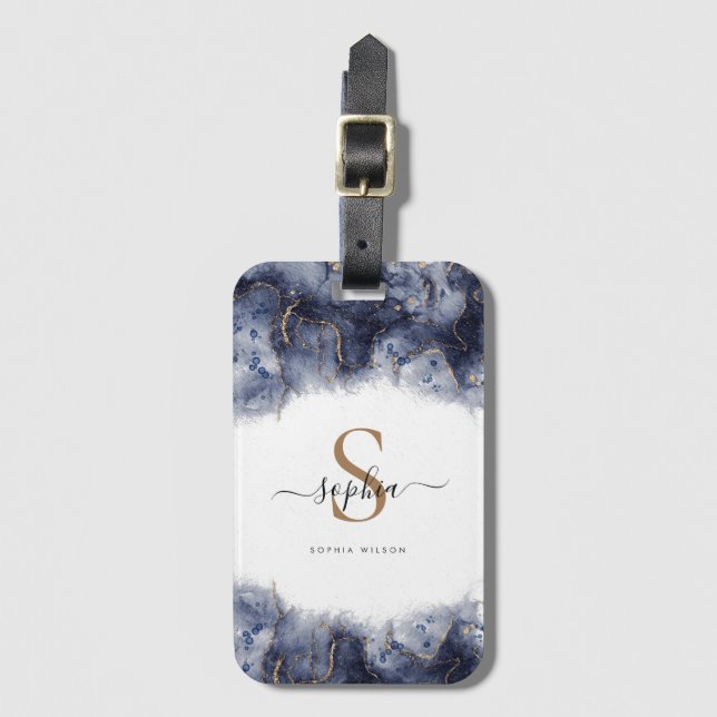 Dark Blue Gold Agate Geode Monogram Script Gepäckanhänger (Vorderseite Vertikal)