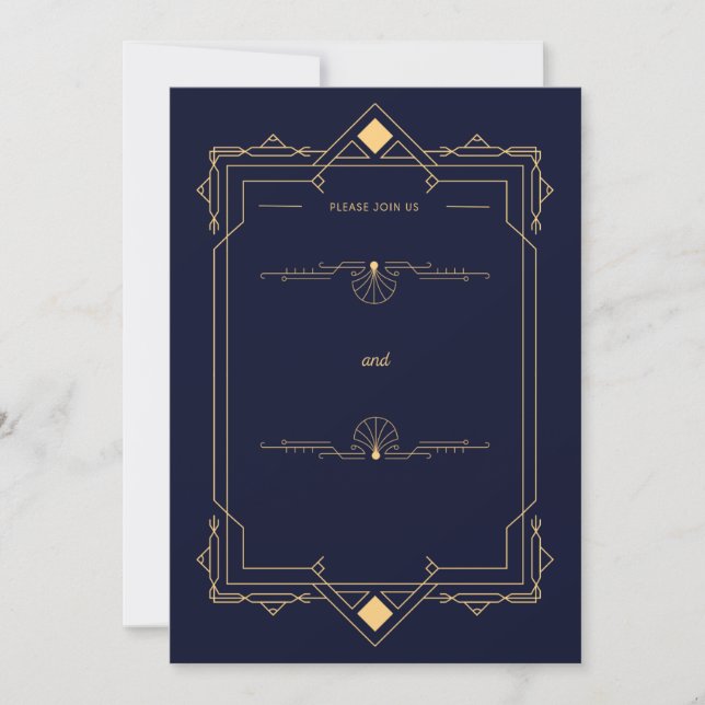 Dark Blue &Gold Art Deco Style Wedding Invitation Einladung (Vorderseite)