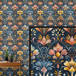 Dark Blue Gold Orange Art Nouveau Tapete