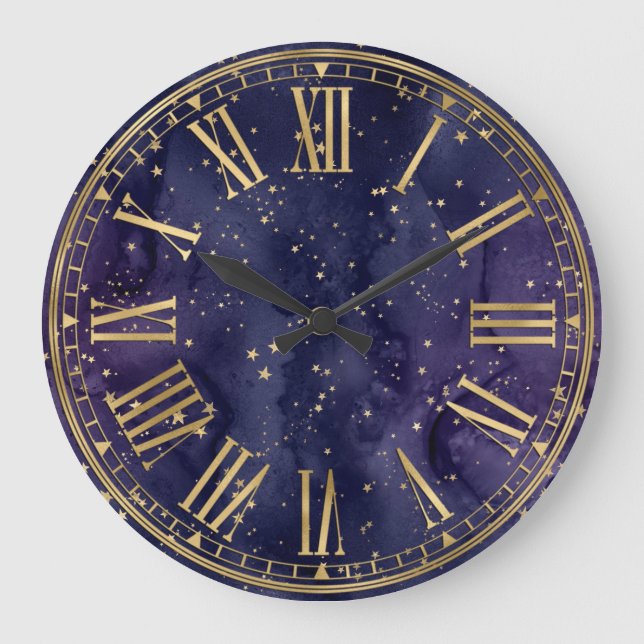Dark Blue & Gold Stars Fantasy Zauberkunst Muster Große Wanduhr (Vorderseite)