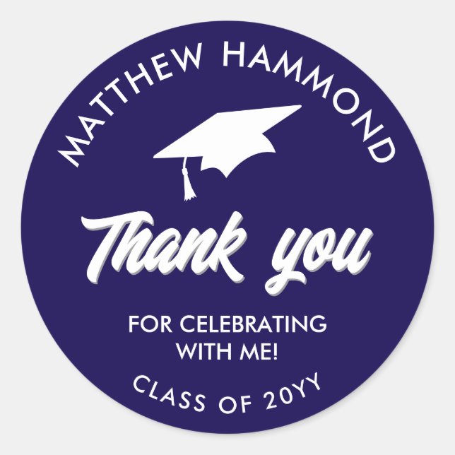 Dark Blue Graduating Class Thank You Grad Cap Runder Aufkleber (Vorderseite)