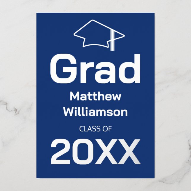 Dark Blue Graduation Party Foil Einladung (Vorderseite)