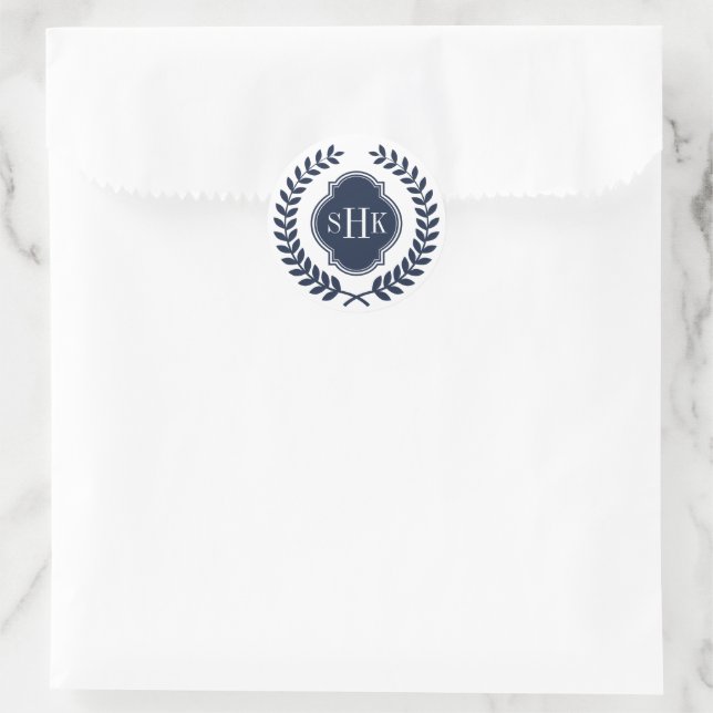 Dark Blue Laurel Wappen Wreath Custom Monogram Runder Aufkleber (Tasche)