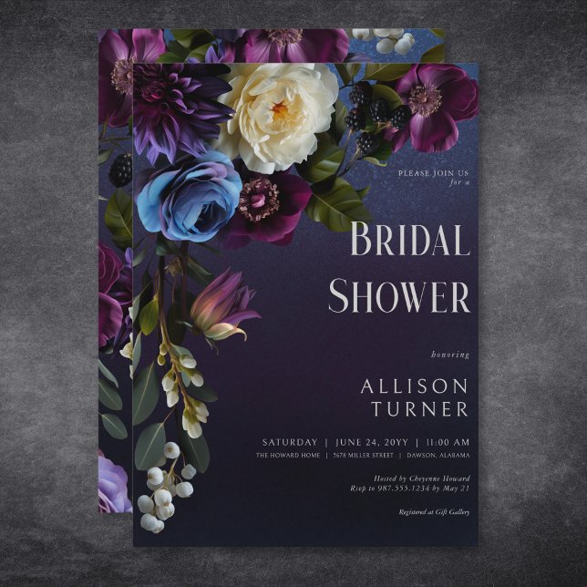 Dark Blue & Lila Floral Moody Brautparty Einladung (Dark Blue & Purple Floral Moody Bridal Shower Invitation)