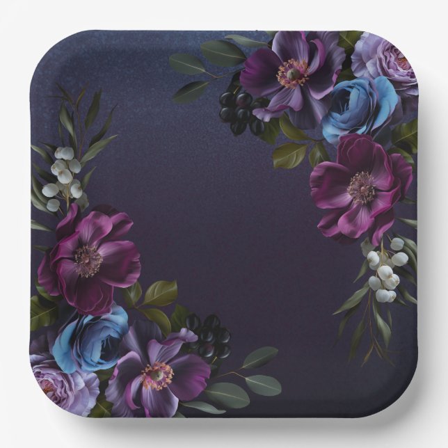 Dark Blue & Lila Floral Moody Bridal Brunch Pappteller (Vorderseite)