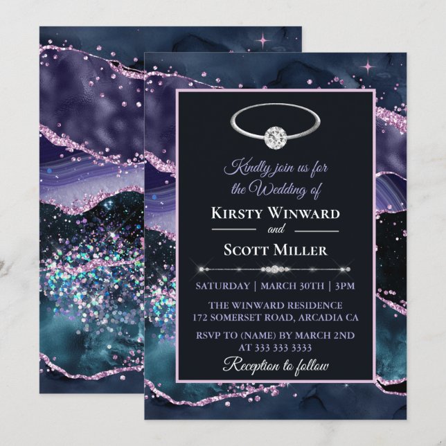 Dark Blue Lila Pink Glitzer Agate Wedding Einladung (Vorne/Hinten)