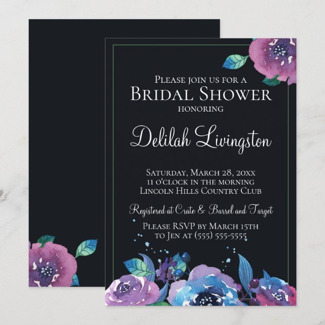Dark Blue Lila Twilight Floral Brautparty Einladung (Vorne/Hinten)