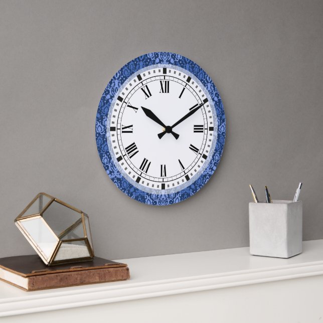 Dark Blue marokkanische Casbah Damask Große Wanduhr (Büro)