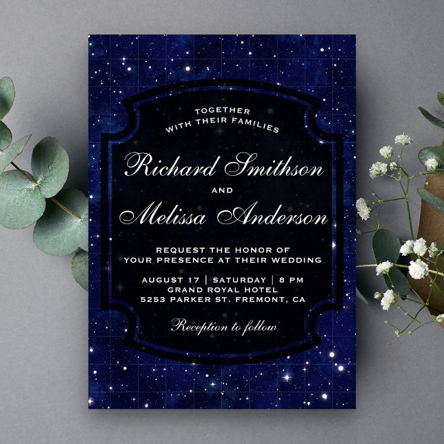 Dark Blue Midnight Starry Sky Wedding Einladung (Von Creator hochgeladen)