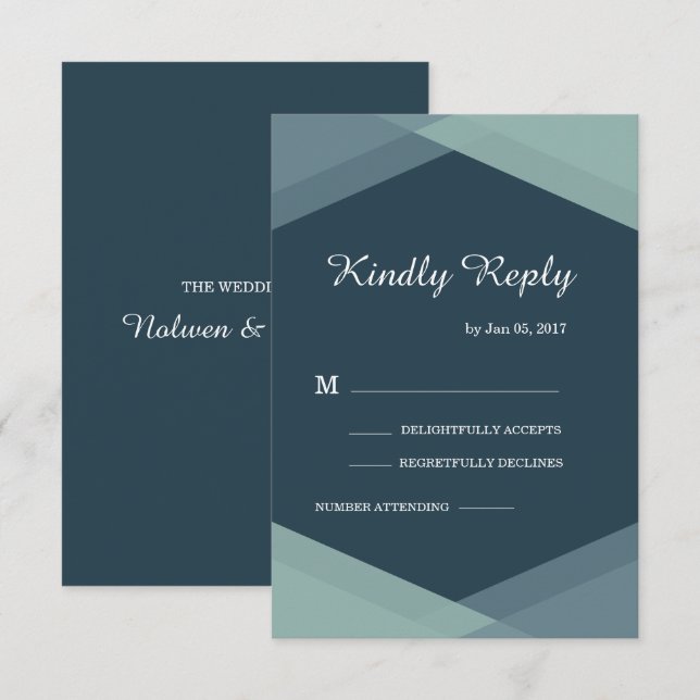 Dark Blue Mint Geometric Modern Wedding RSVP Einladung (Vorne/Hinten)