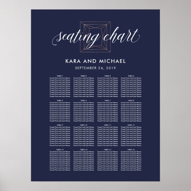 Dark Blue Modern Diamond Wedding Chart Poster (Vorne)
