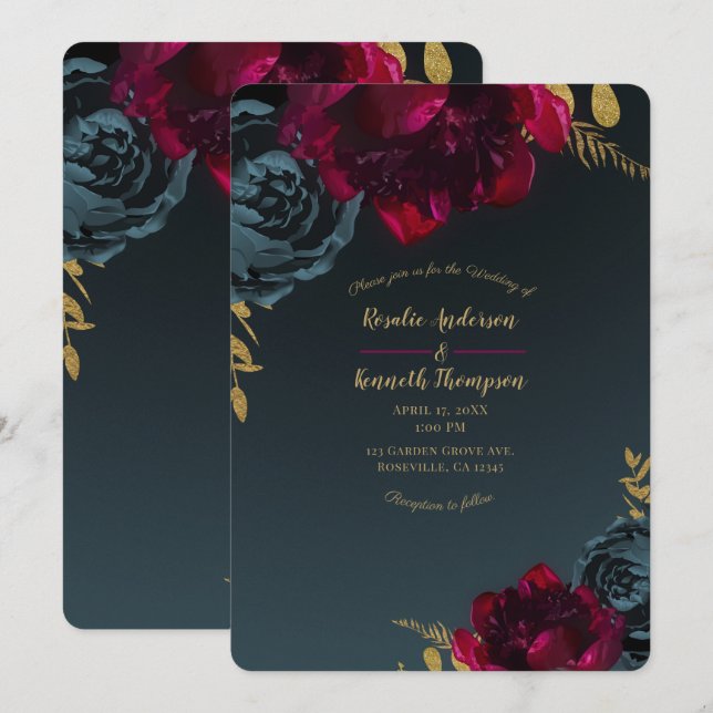 Dark Blue Moody Floral Gold Greenerity Wedding Einladung (Vorne/Hinten)