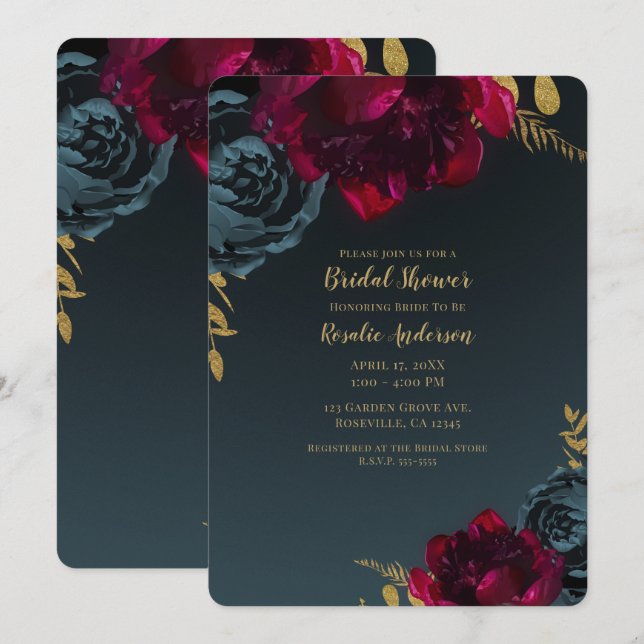 Dark Blue Moody Floral Gold Greenery Brautparty Einladung (Vorne/Hinten)
