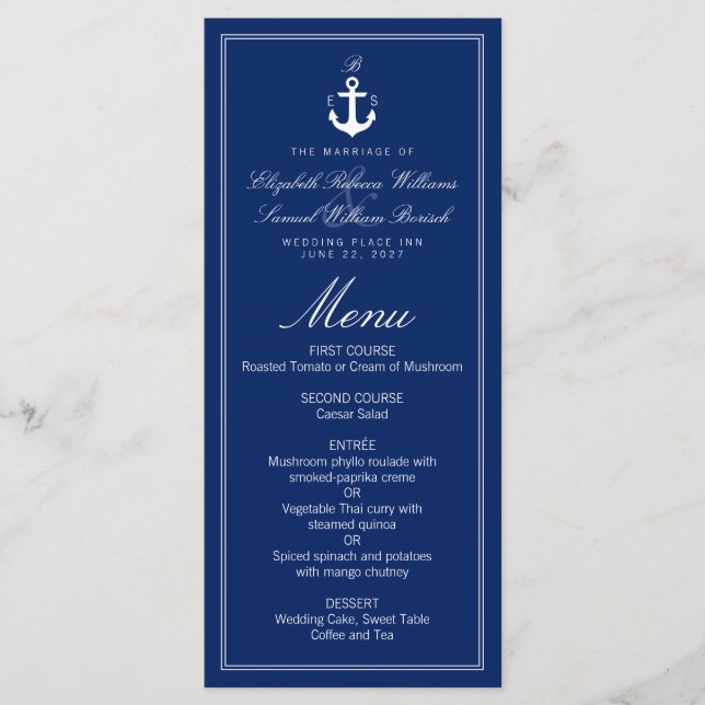 Dark Blue Nautical Monogram Anchor Wedding Menu Menükarte (Vorderseite)