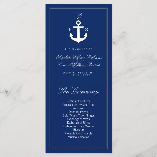 Dark Blue Nautical Wedding Program Rack Cards Programm (Vorderseite)
