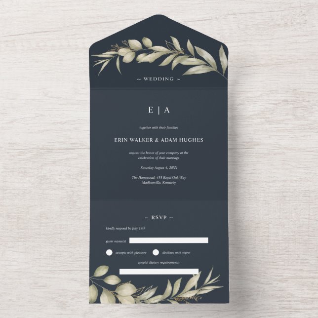 Dark Blue Navy Eucalyptus Wreath Wedding All In One Einladung (Innen)