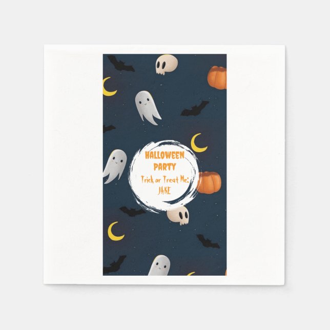 Dark Blue Niedlich Pumpkin Ghost Moon Halloween Serviette (Vorderseite)
