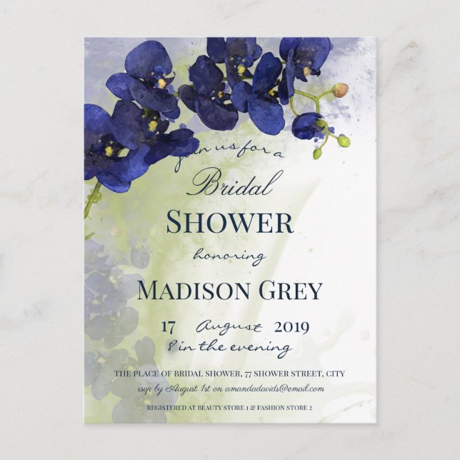 Dark Blue Orchid Watercolor Brautparty Postkarte (Vorderseite)