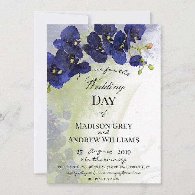 Dark Blue Orchid Watercolor Wedding Einladung (Vorderseite)