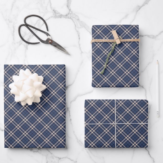 Dark Blue & Pastel Grau Kariertes Tartan Muster Geschenkpapier Set (Vorderseite)