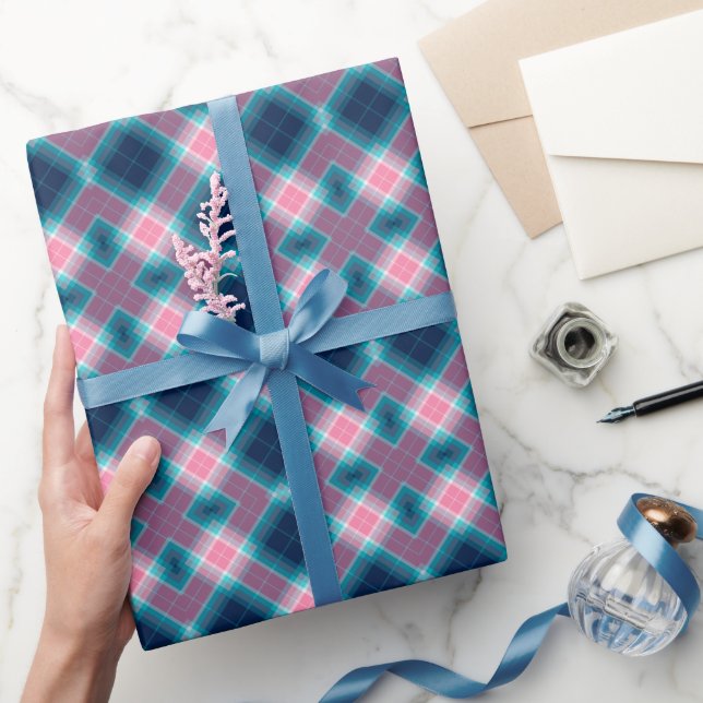 Dark Blue Pink tartan Kariert Gingham Pattern Geschenkpapier (Schenken)