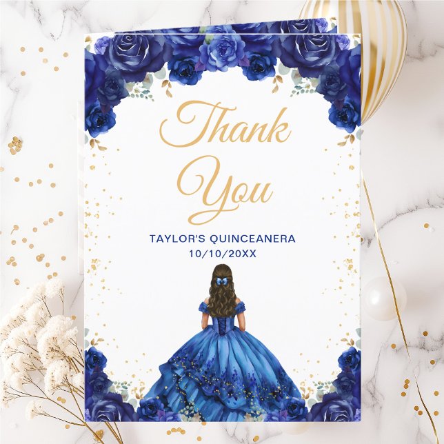 Dark Blue Princess Floral Quinceañera Dankeskarte (Von Creator hochgeladen)