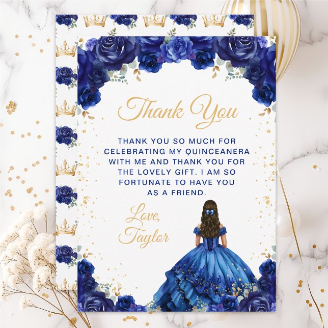 Dark Blue Princess Floral Quinceañera Dankeskarte (Von Creator hochgeladen)