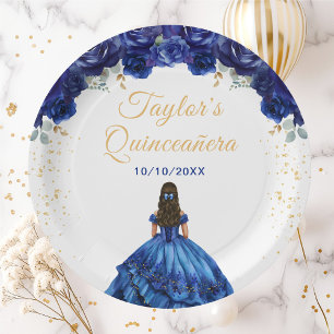 Dark Blue Princess Floral Quinceañera Pappteller