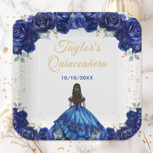 Dark Blue Princess Floral Quinceañera Pappteller