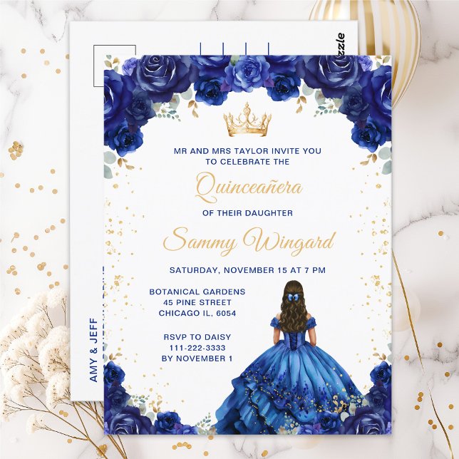 Dark Blue Princess Floral Quinceañera Postkarte (Von Creator hochgeladen)