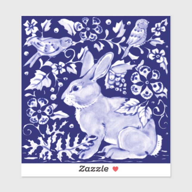 Dark Blue Rabbit Woodland Bird Floral Delft Dedham Aufkleber (Blatt)