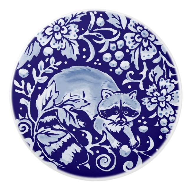 Dark Blue Raccoon Woodland Animal Floral Cobalt Keramikknauf (Vorderseite)