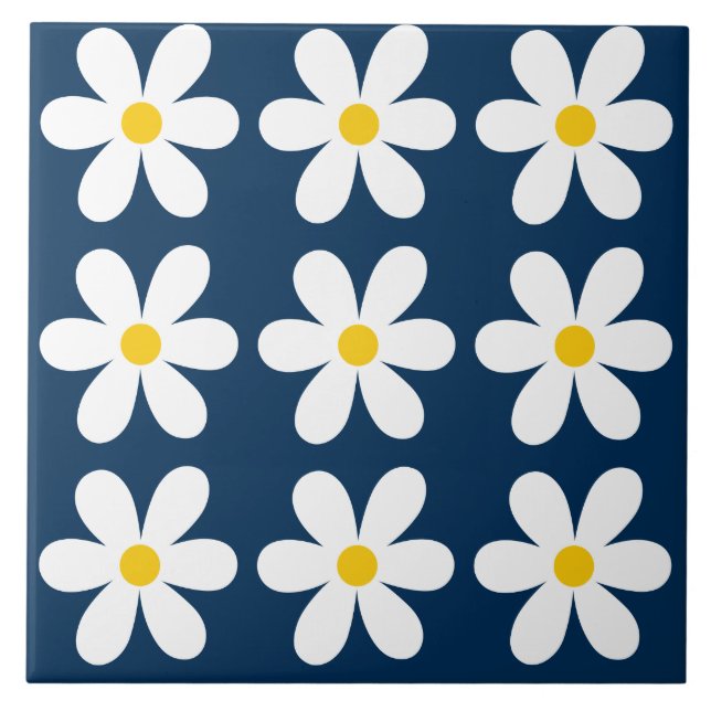 Dark Blue Retro Daisy Floral Pattern Fliese (Vorderseite)
