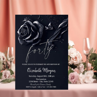 Dark Blue Rose Gothic 40. Geburtstag Einladung