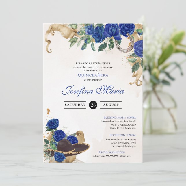 Dark Blue Royal Rose Mexicana Mariachi Quinceanera Einladung (Stehend Vorderseite)