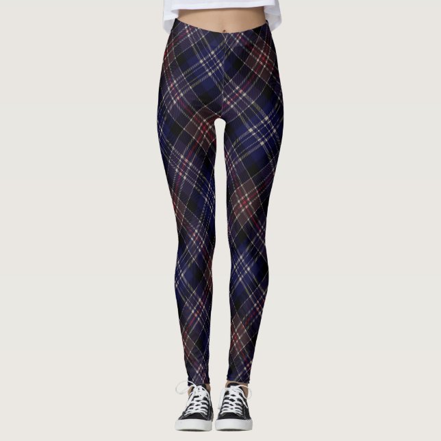 Dark Blue Scottish Tartan Karierte Raute Leggings (Vorderseite)
