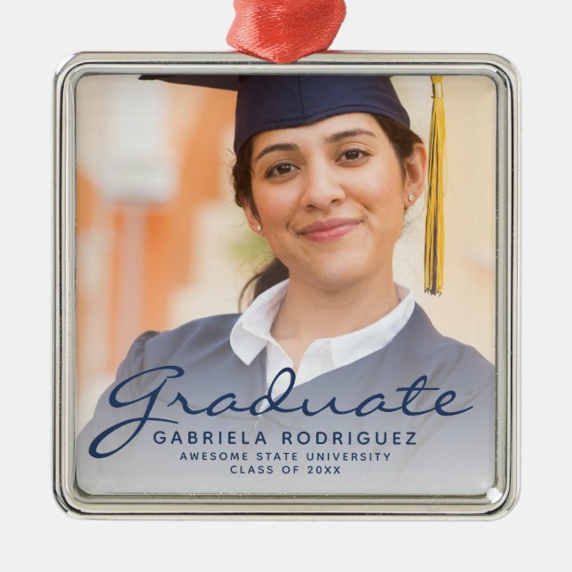 Dark Blue Script Foto Abschluss Keepake Ornament Aus Metall (Vorne)