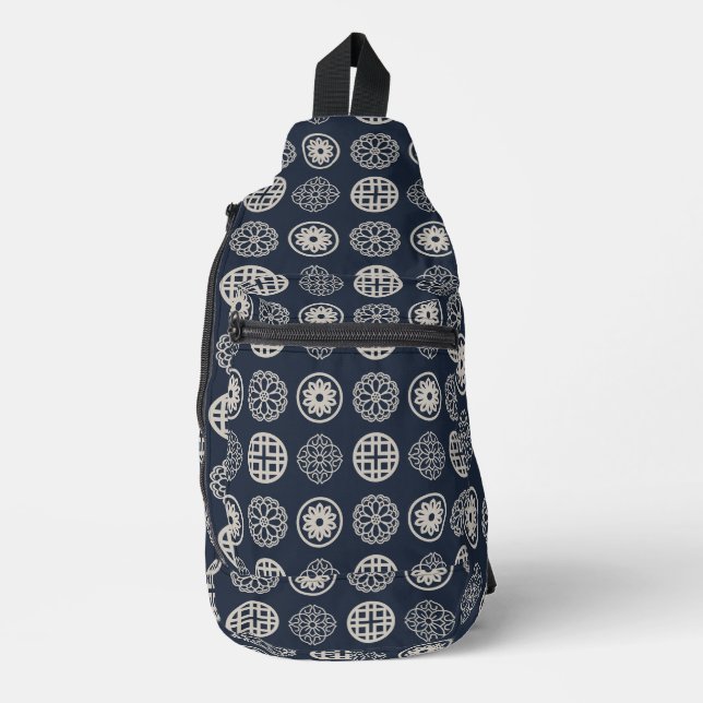 Dark Blue & Tan japanische Symbole Crossbody Bag (Vorderseite)