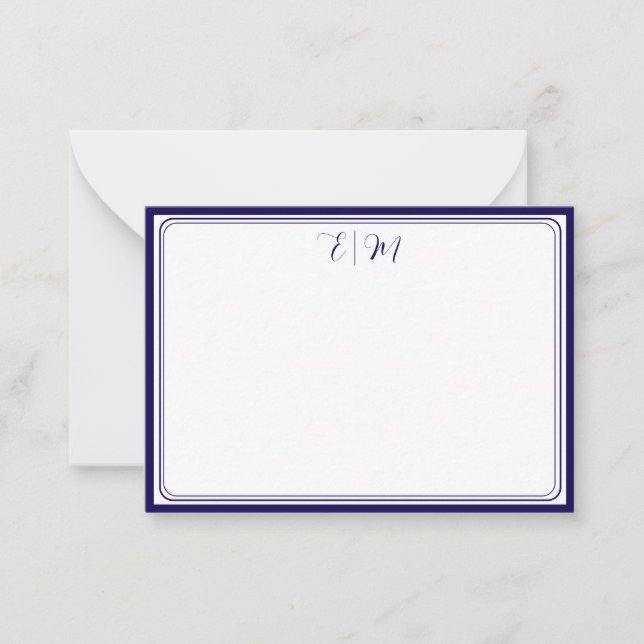  Dark Blue three Border Monogram Note Card Mitteilungskarte (Vorderseite)
