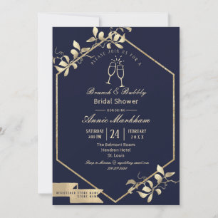 Dark Blue und Champagne Gold Bubbly Brunch Einladung