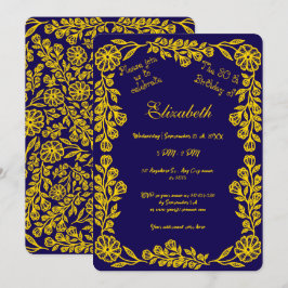Dark Blue und Gold Botanical Floral 30. Geburtstag Einladung